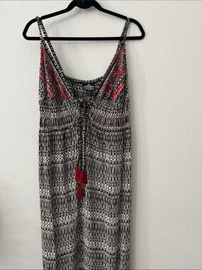 Angie Maxi Dress Black, White & Red Printed  with Tie Tassels Detail
SZ L